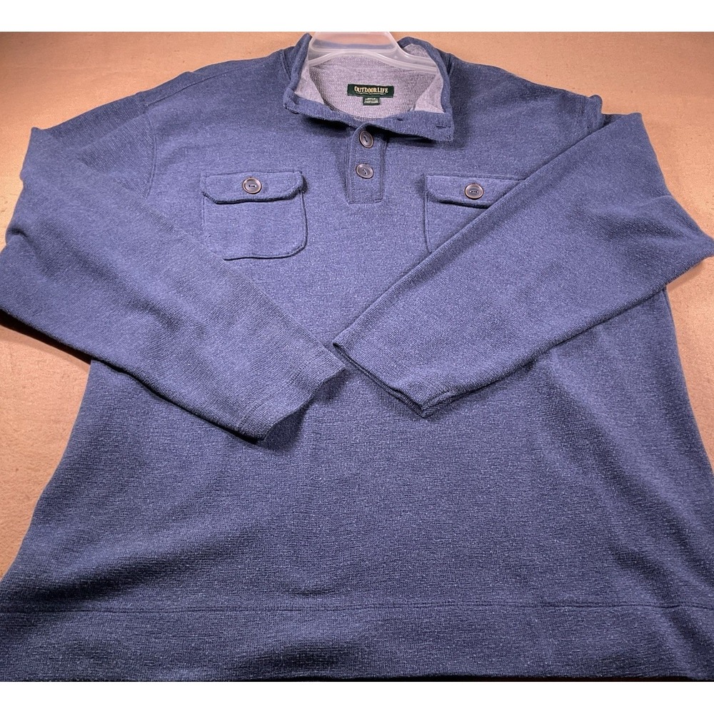 Outdoor Life Mens 2XL Blue Waffle Knit Pullover Button Neck Long Sleeve Shirt
